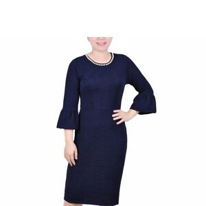 NWT- NY collection- 3/4 length bell sleeve navy dress with pearl neckline